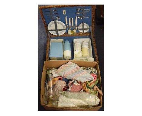 Assorted part dinner services, a wicker pic-nic set, textiles and other items (4 boxes) 