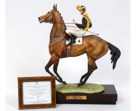 A Royal Worcester limited edition porcelain group, At The Start Number 4, modelled by Bernard Winskill, 21/100, on a wooden s