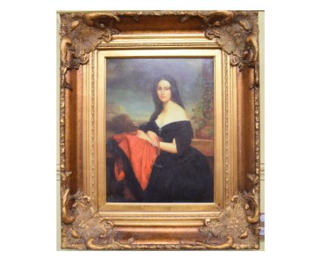 E. Lopez (?), a portrait of a lady wearing a black dress, oil on board, 39 x 29 cm 