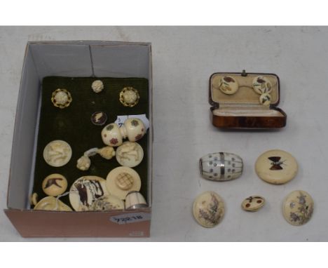 A pair of Japanese ivory Shibayama buttons, decorated birds and foliage, other similar Japanese Shibayama buttons, all Meiji 