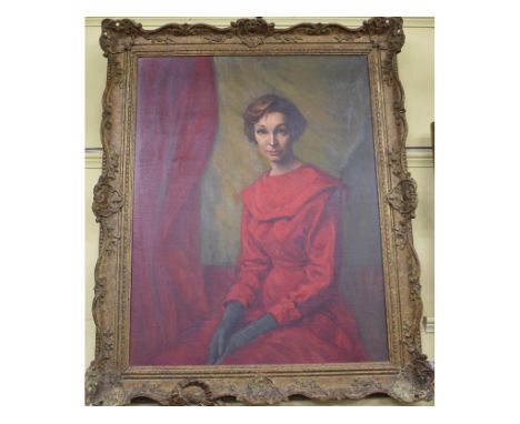 English school, 20th century, a portrait of a seated lady wearing a red dress, oil on canvas, 90 x 70 cm 