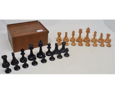 A Staunton style chess set, boxedReport by GHNone of the pieces themselves appear to be marked. The lid is indistinctly stamp
