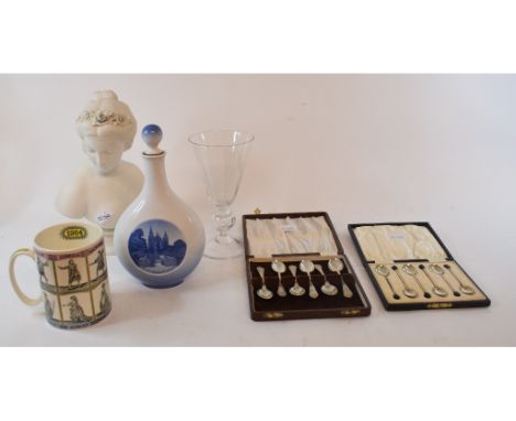 A Royal Copenhagen flask and cover, a parianware bust, of a young lady, small items of silver, books and items (box) 