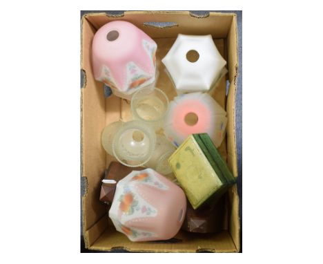 Assorted light fittings, shades, curtain tie-backs, two metronomes, a chess set and other items (2 boxes) 