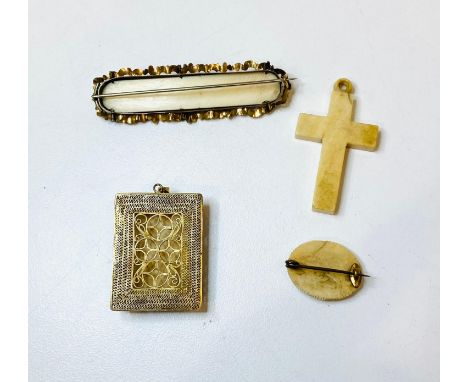 Selection antique ivory pendants to include a cantonese silver and enamel pendant, cross, carved floral brooch etc 