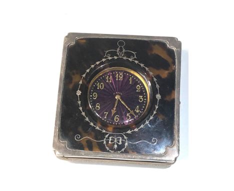 Antique silver and tortoiseshell cased 8 day enamel dial travel clock / watch in working order missing back pull out as shown