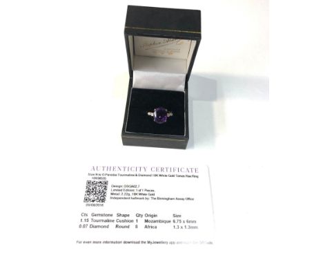 Fine 18ct gold diamond and tourmaline ring with certificate cushion tourmaline 1.5ct with certificate weight 2.6 