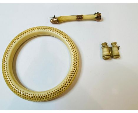 Antique ivory bangle, binocular stanhope charm and brooch 