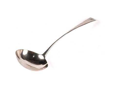 A George III silver ladle, makers mark indistinct, London, 1800, with engraved lion head to handle, 31cms long, 5.25oz gross.