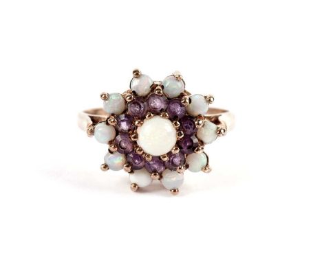 An opal and amethyst cluster dress ring, in 9ct yellow gold, size M, 3.0g gross.