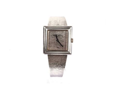 A silver manual wind wristwatch, by Roy Cecil King, London 1973, with textured square dial and strap, belt-buckle clasp, 67.6