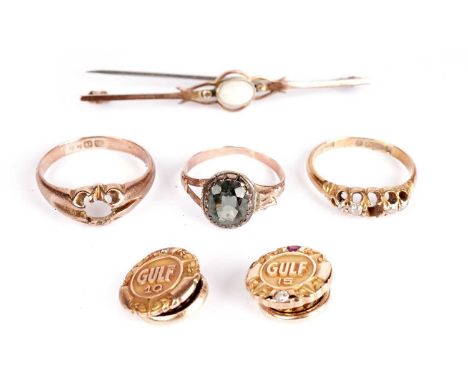 An opal and rose gold bar brooch, stamped '9ct', 55mm wide; a 'Gulf' diamond, ruby and yellow gold long service stud, stamped