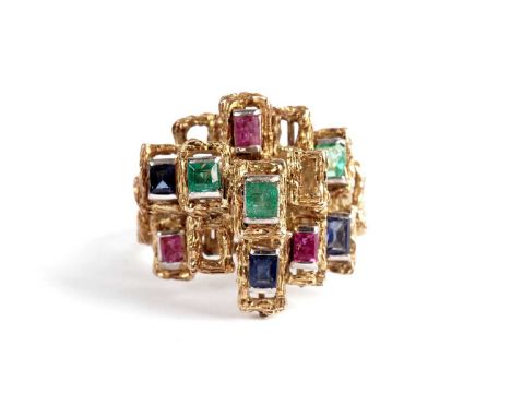 A sapphire, ruby and emerald cluster ring, in yellow gold, stamped '14K', size P, 8.9g gross.