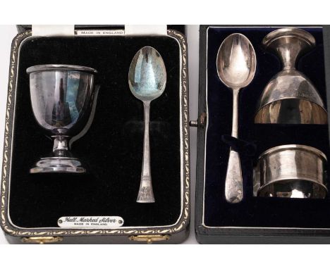 A silver egg cup and spoon, by Angora Silver Plate co. Ltd., Birmingham, 1945, each engraved with ‘PAH 1947’, in box; togethe