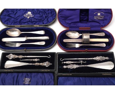 A selection of silver cutlery, in boxes, comprising: a George V silver knife, fork, and spoon by Reid &amp; Sons, London, 191