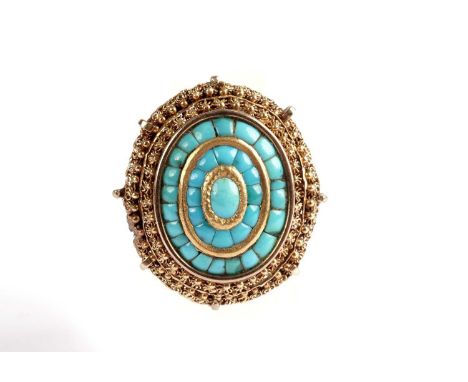 A turquoise cluster ring, in yellow gold, marks worn, likely 18ct. size O 1/2, 12.6g gross.