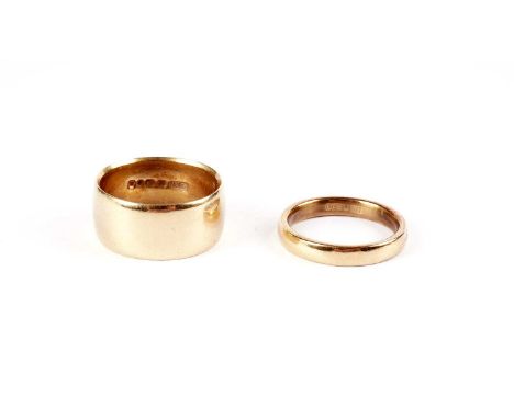 Two 18ct yellow gold wedding bands, size J 1/2 and size K, 9.9g gross. 