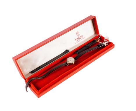 A Tudor Royal 9ct gold cased manual wind wristwatch, on later strap, in box, with outer box and original strap.