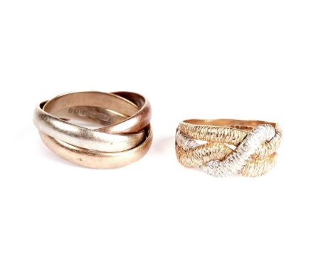 A 9ct gold band, of bi-colour, textured woven design, size N 1/2; and a 9ct gold Russian-style wedding ring, size P approxima