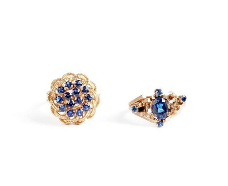A spinel dress ring, in 9ct yellow gold, size K 1/2; and a spinel cluster dress ring, size P, marked indistinctly, 9.9g gross