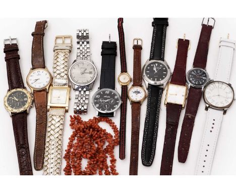 A collection of wristwatches, including: a Seiko wristwatch; a Timex wristwatch with moonphase dial; an Accurist wristwatch; 