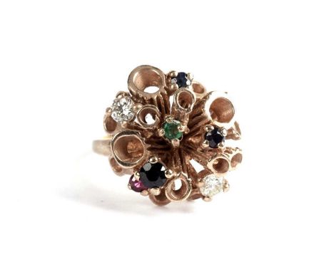 A diamond, sapphire, ruby and emerald cluster dress ring, in 18ct yellow gold, size M, 4.3g gross. 
