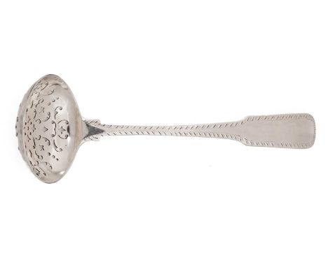 A silver Fiddle sugar sifter ladle (with later feather edging), by Joseph Pearson, Dumfries 1820-1830, 18.2cm long, 1.25oz.