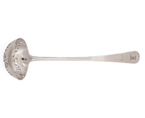 A silver toddy ladle with a celtic point (later pierced as a sugar sifter), crested, by John Keith, Banff C.1800, 16.2cm long