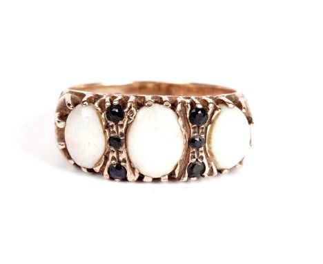 An opal and sapphire ring, the three oval opal cabochons interspaced by round sapphires, in 9ct yellow gold, size S, 4.7g gro