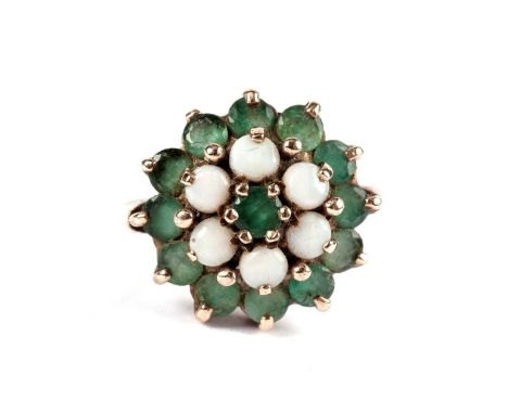 An emerald and opal cluster dress ring, in 9ct yellow gold, size L 1/2, 4.8g gross. 