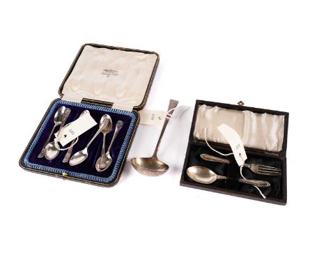 A silver ladle by Richard Crossley, 1794, London; together with a pair of silver teaspoons, by W. &amp; J.A.B., Sheffield, 19