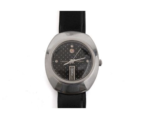Rado DiaStar: a steel cased automatic wristwatch, studded dial with day date apertures, 636-0013, on black leather strap.
