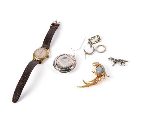 A Delphi Deluxe automatic wristwatch, in gilt metal case, on later brown strap; a 1920s silver compact; a white stone and sil