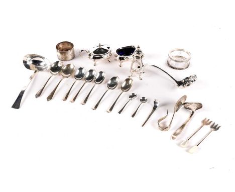A collection of silver cutlery and condiments, including: a silver condiment set, by William Suckling Ltd, Birmingham 1960, c