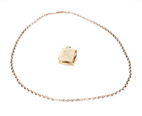 A 9ct yellow gold portrait locket pendant, formed as a book, 33mm high including bale, on a yellow gold chain necklace, 45cms