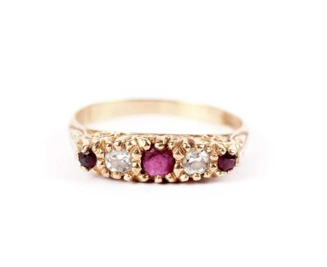 A ruby and diamond ring, hallmarks worn, tests as approximately 18ct gold, size R, 3.7g gross. 