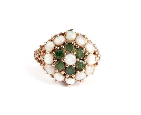 An opal and emerald cluster dress ring, in 9ct yellow gold, size P 1/2, 6.1g gross.