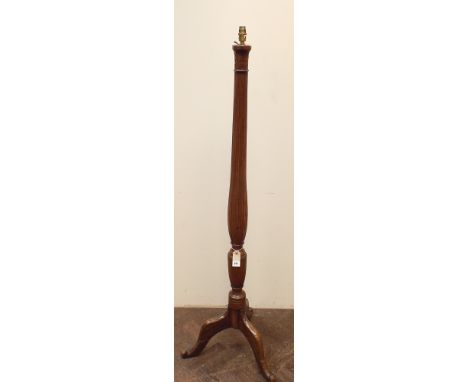 1930's mahogany reeded column standard lamp standing on tripod base with cream shade 
