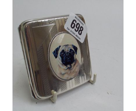 Silver cigarette case with engine turned decoration and applied oval plaque depicting a pug dog hallmarked for Birmingham 7 3
