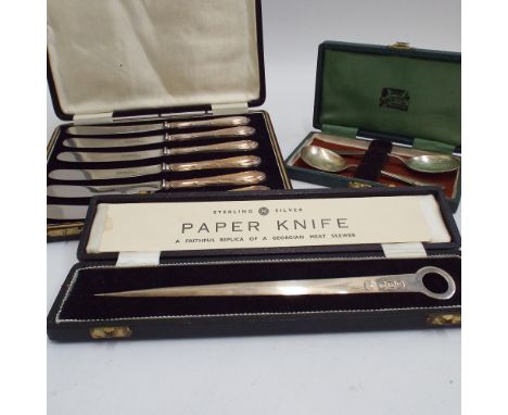 Set of 6 silver handled butter knives, pair of silver dessert spoons and sterling silver paper knife in the form of a Georgia