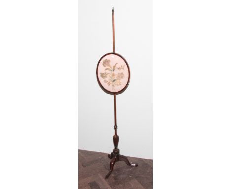 Early Victorian mahogany pole screen on tripod base with needlework panel 