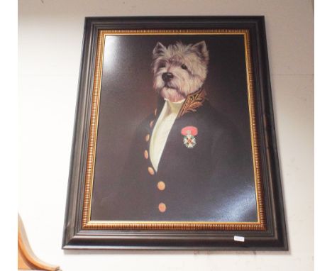 Coloured print of a Terrier in a naval uniform in a black and gilt frame 