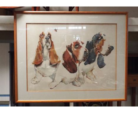 Large coloured print of 3 Bloodhounds, framed and glazed 