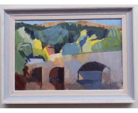 Oil painting on canvas by the Cornish Artist F Dodwell abstract image of bridge over river, appx 39 x 60cm in pale blue and g