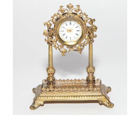 Vintage French fob watch in ornate brass stand, 12 cms tall