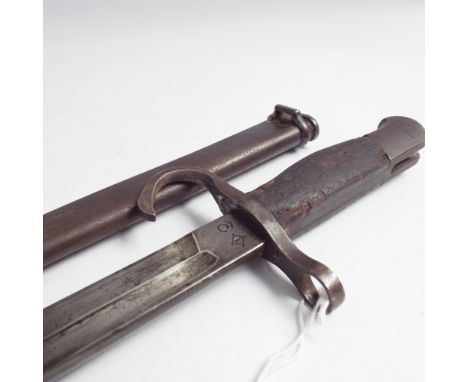 Late 19th century Japanese bayonet with steel scabbard, wooden grip, 53cm long