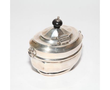 Small Edwardian silver tea caddy with hinged lid and fitted ring handles Birmingham 1903.  4.8 oz Troy,  11cm wide including 