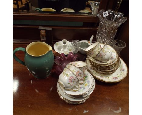 Various floral tea ware, glass vases, travelling clock and other sundries 