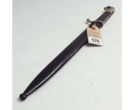 World War II German short model knife bayonet with painted steel scabbard and plated mounts to the handle with checkered grip