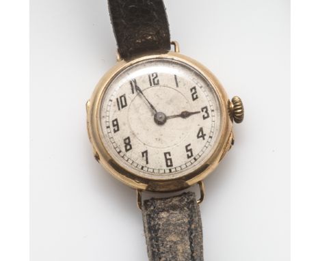Ladies 9ct gold vintage wristwatch on brown leather strap